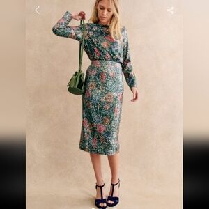 Sezane Magalia Multicolor Floral Sequinned Midi-length Straight Skirt